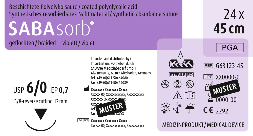 SABANA MEDIZINBEDARF SABAsorb® - Packung 24 Stück violett, 45 cm, DS-12, USP 6/0, Stärke 0,7